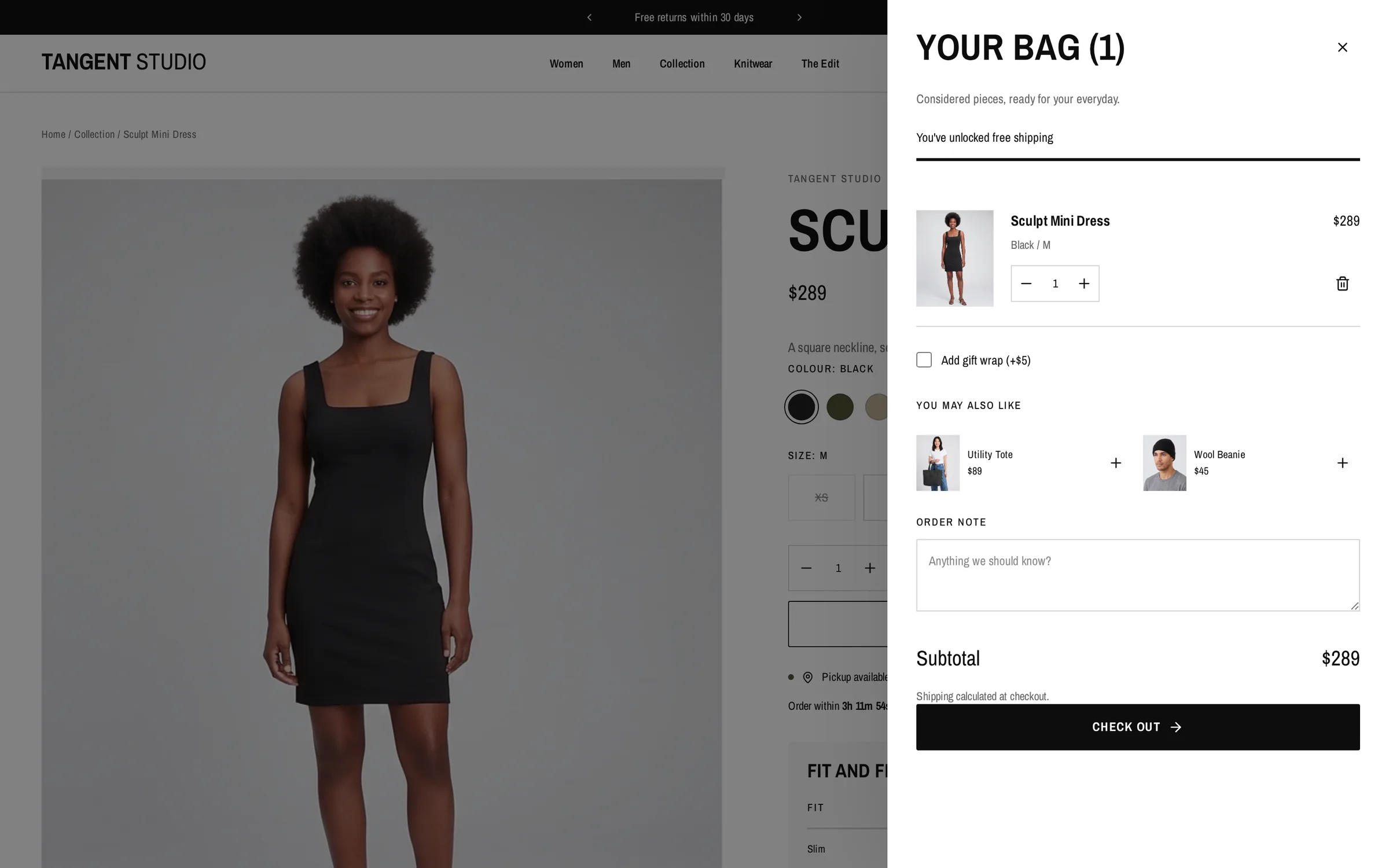 Cart drawer open with one Sculpt Mini Dress line item over the dimmed product page