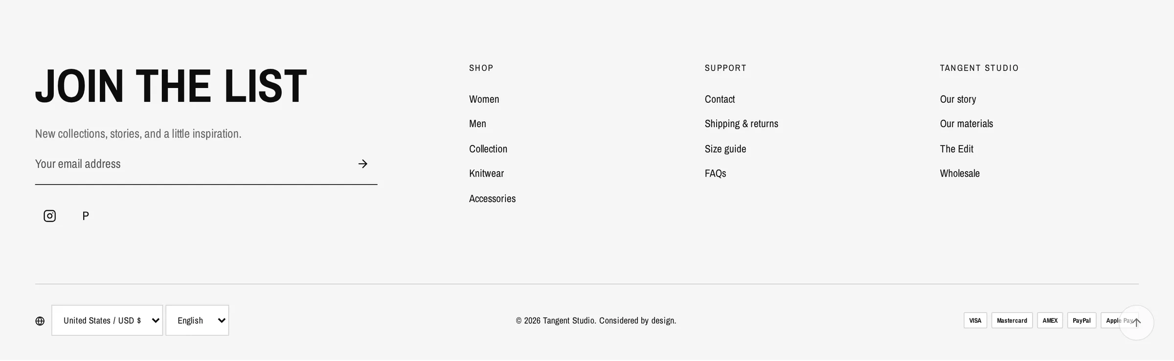 Tangent footer with newsletter form, menu columns, country and language selectors