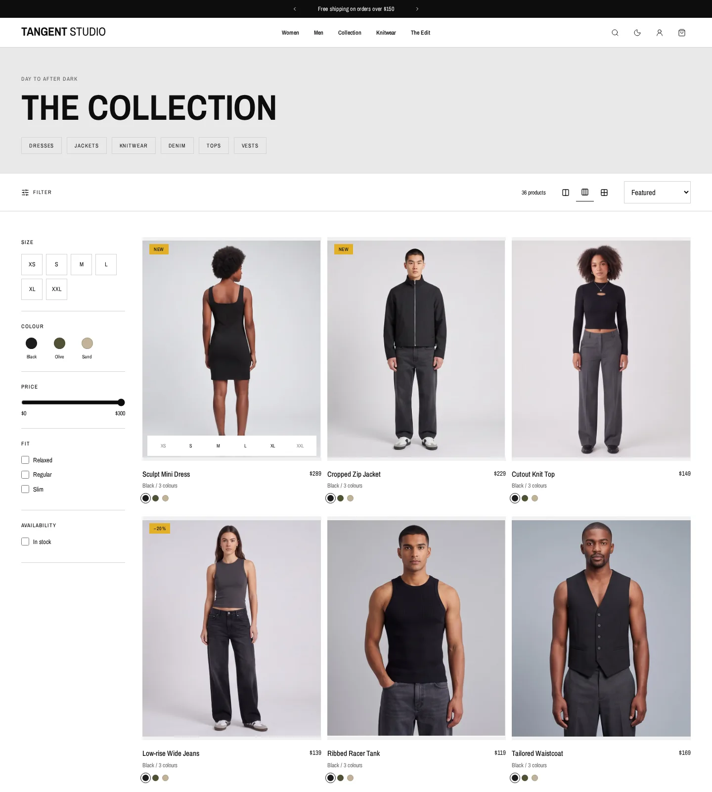 Outerwear collection with sidebar size, color, price and fit filters and first two product rows