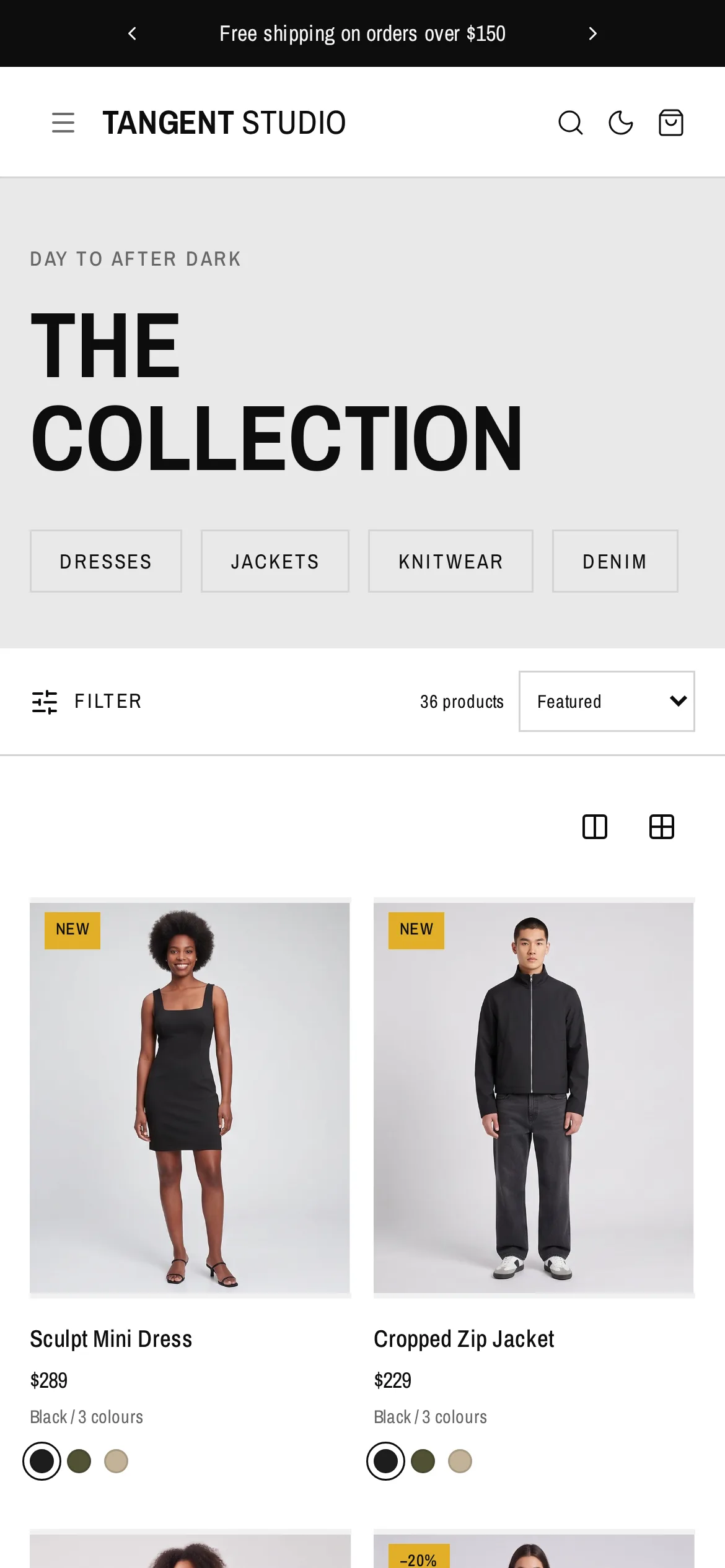 Tangent mobile collection with filter control and two-column product grid