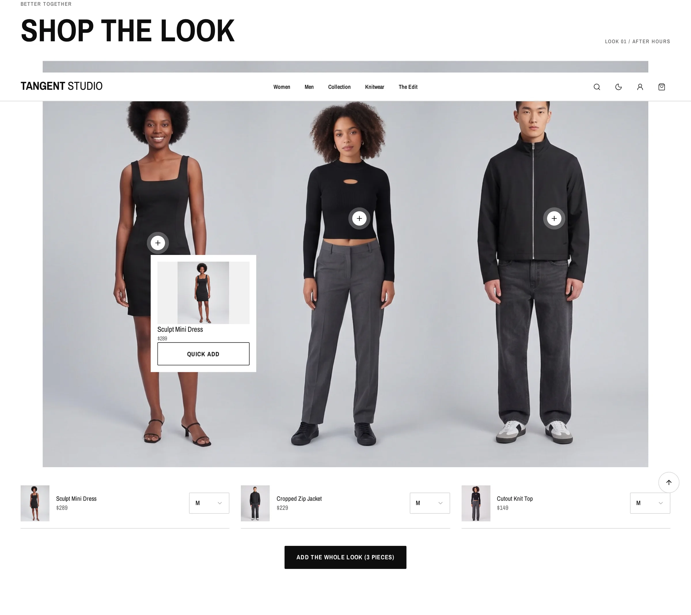 Shop the look campaign image with first hotspot product card open and Add the whole look bar