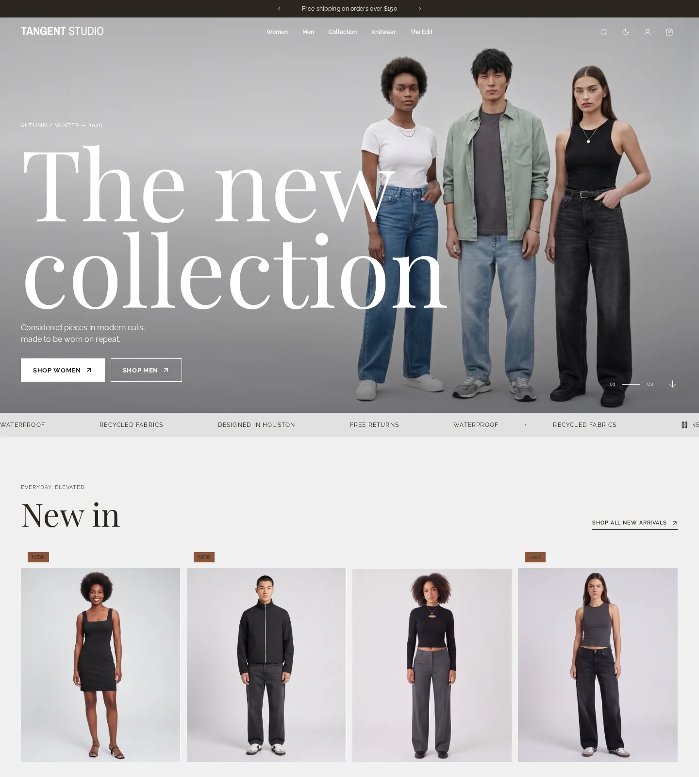 Selvedge preset home page: serif headings, linen background and tall cards