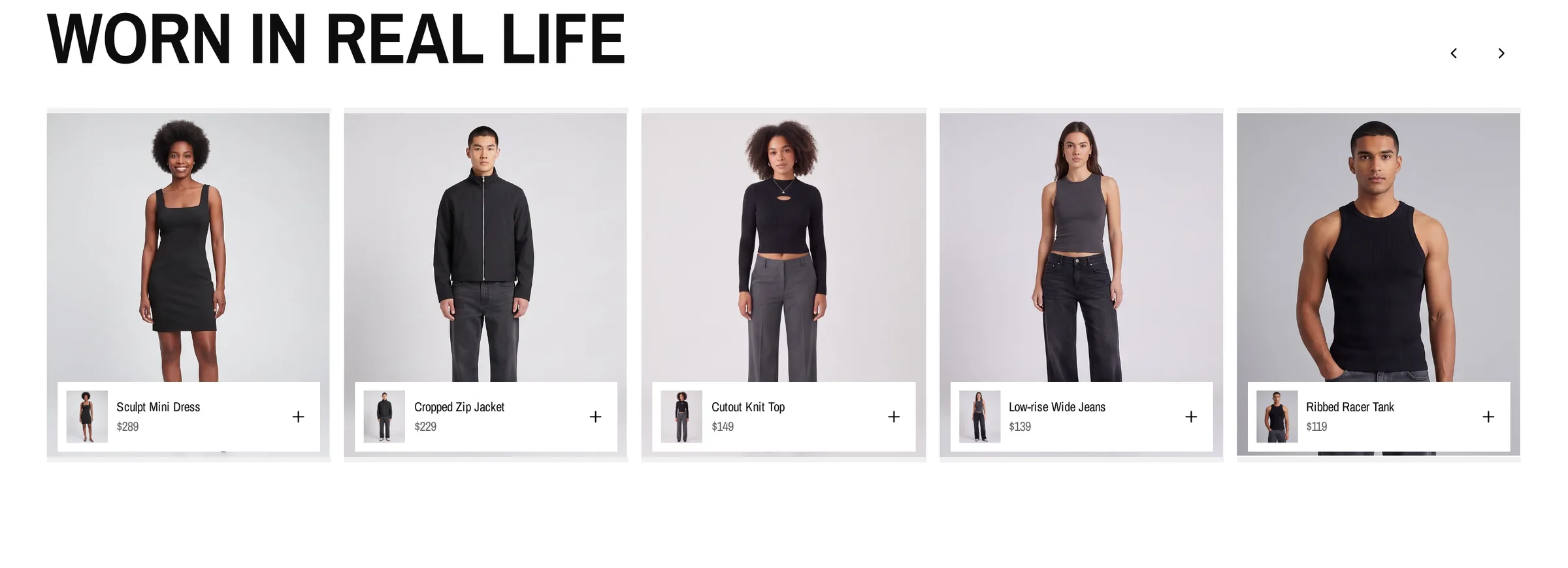 Worn in real life row of vertical campaign videos with linked products