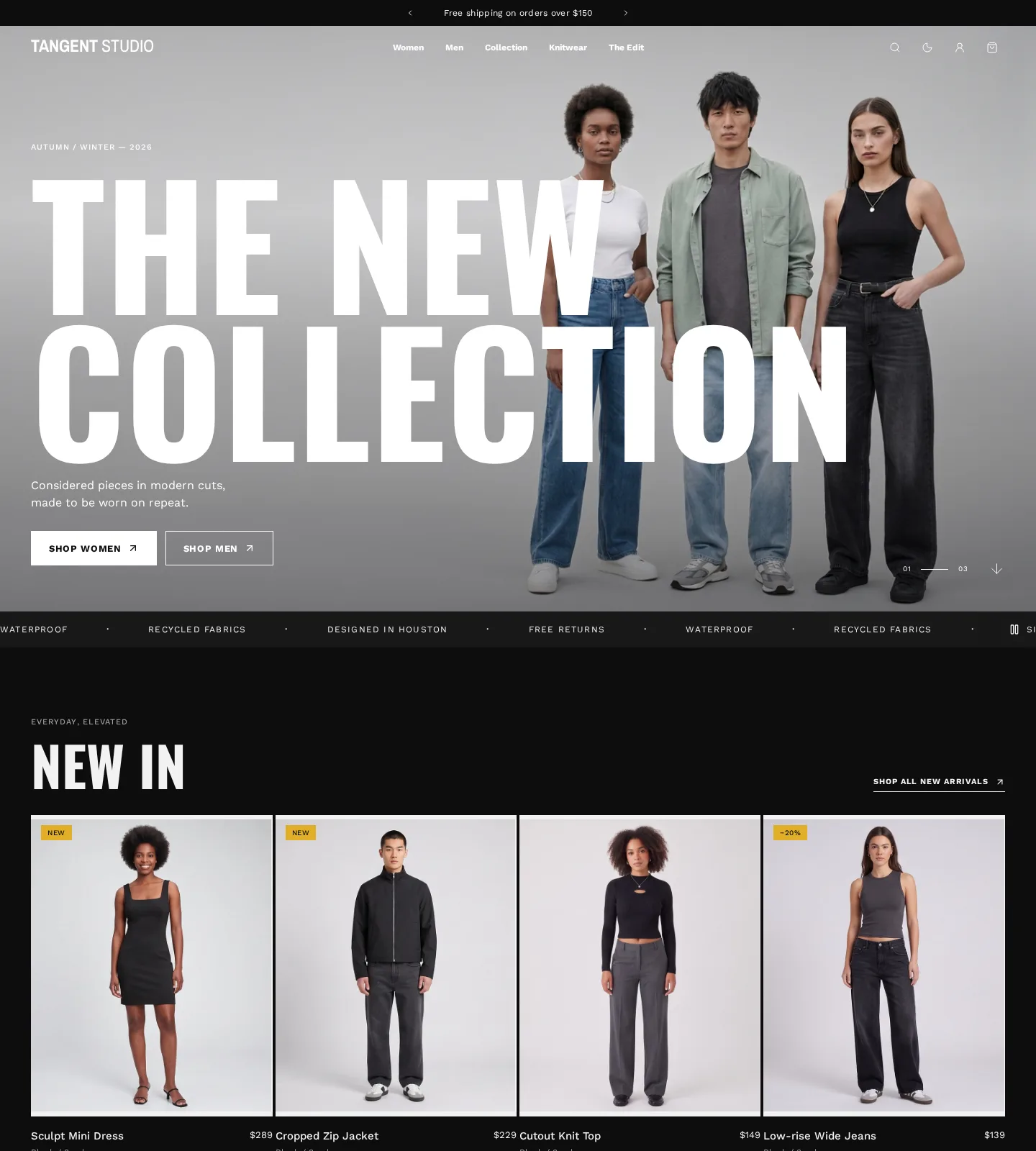 Asphalt preset home page: bold condensed headings and a dark product grid